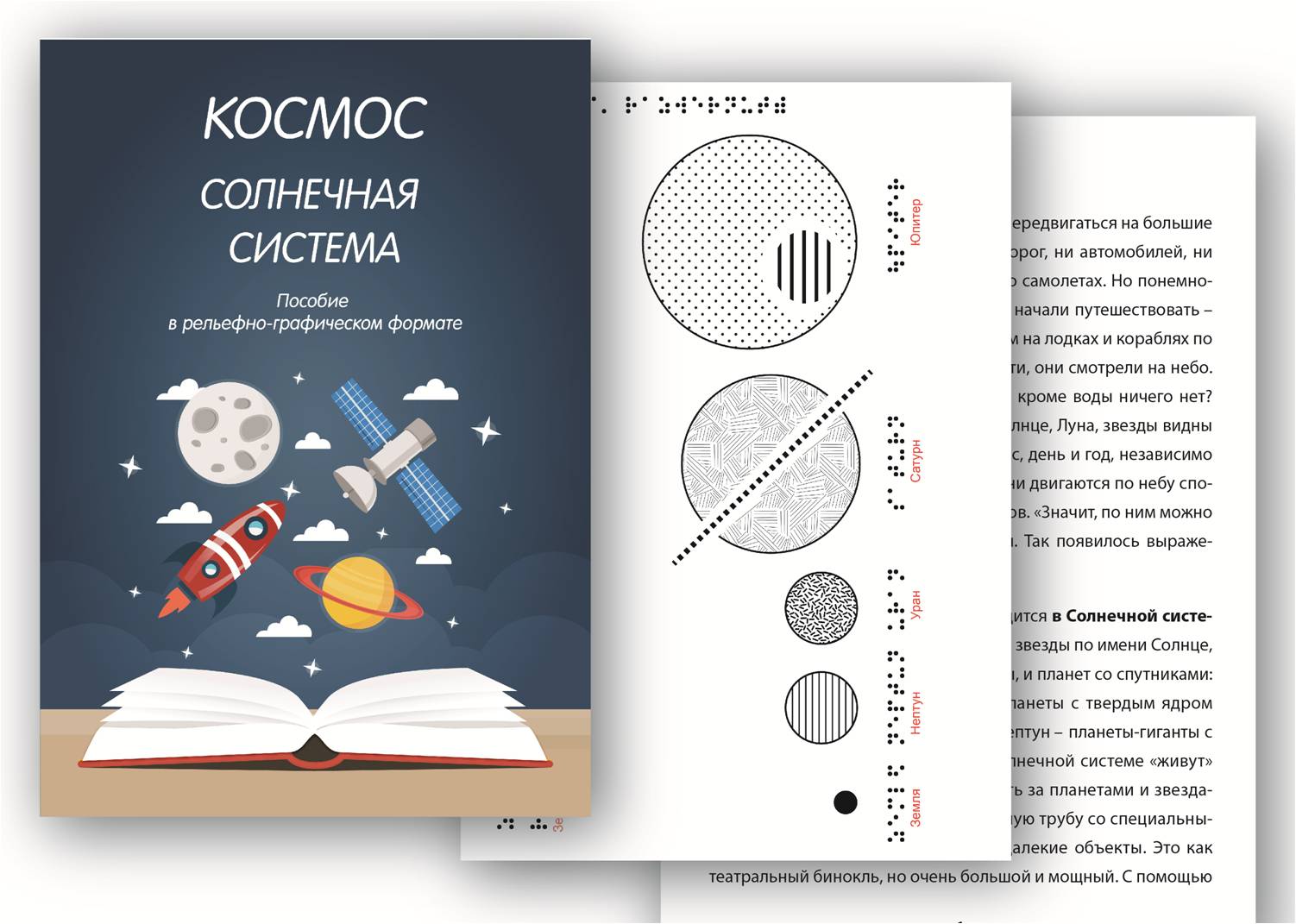 Рельефно-графическое пособие "Космос и солнечная система", обложка и разворот пособия.